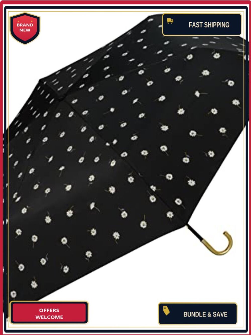 UPF50+ Foldable Sun Umbrella with Daisy Print and Gold Trim, Manual Open,